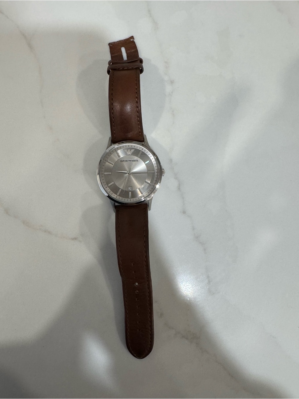 Emporio Armani Silver Dial Brown Leather Strap Men’s Watch